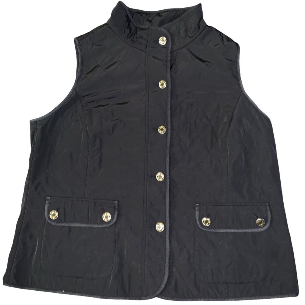 Talbots 1X Diamond Quilted Nylon Fleece Lined Puffer Vest Womens Black W/Buttons